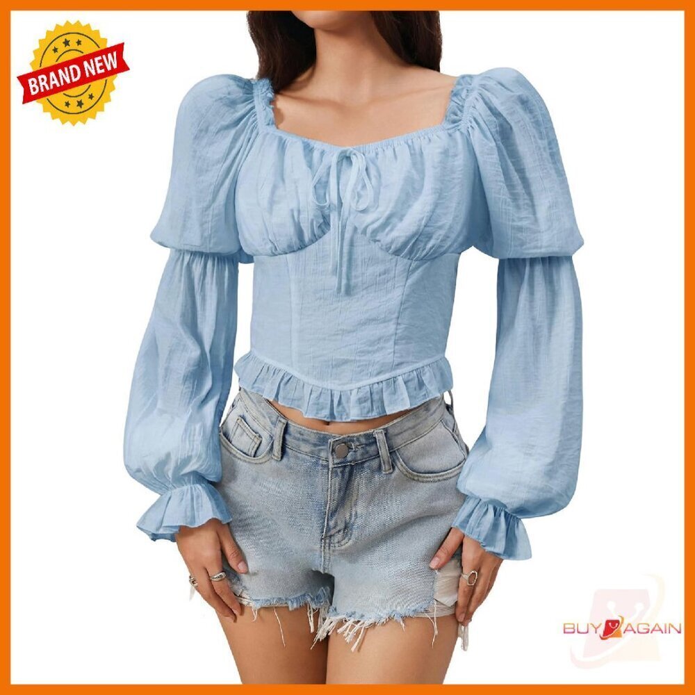 Renaissance Corset Top Puff Sleeves Ruched Bust Peplum Blouse Vintage Style